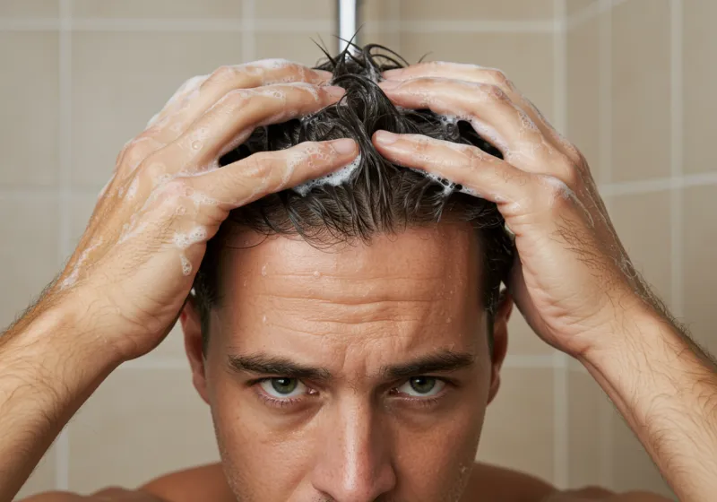 Hands massaging clarifying shampoo into a man’s scalp