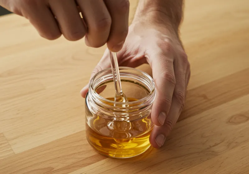 Step-by-step photo series of mixing ingredients in a glass jar