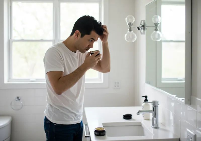 Man styling hair in front of mirror, small pot of pomade visible