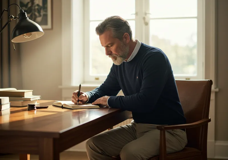 Gentleman journaling at a polished wooden desk as early morning light streams through a window
