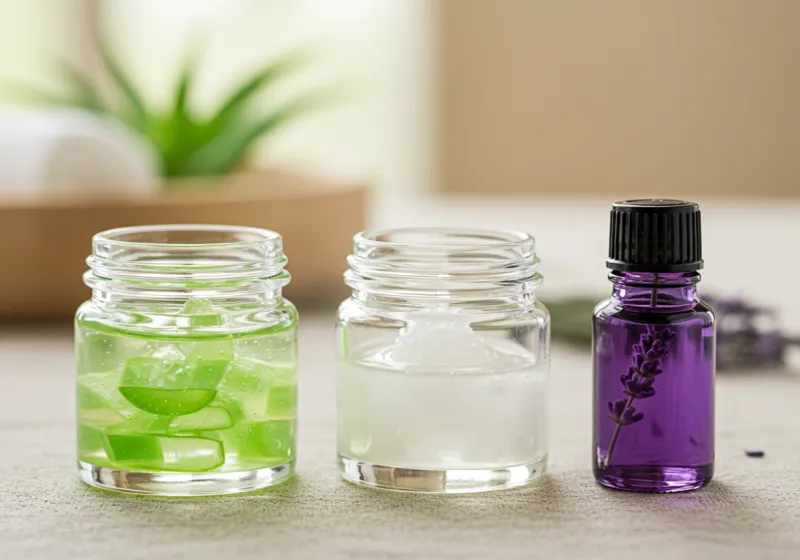 Side-by-side flat lay of a commercial aftershave bottle vs natural ingredients