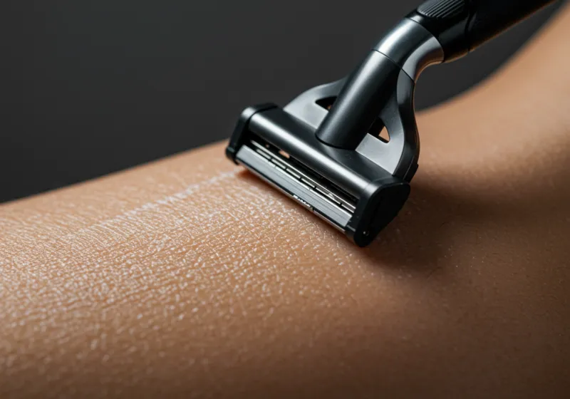 Close-up of a razor blade cutting hair, highlighting microscopic skin cuts