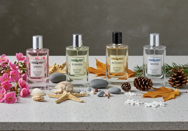 A closet shelf with four bottles labeled by season, surrounded by seasonal props: blossoms, seashell, autumn leaves, pine cones.